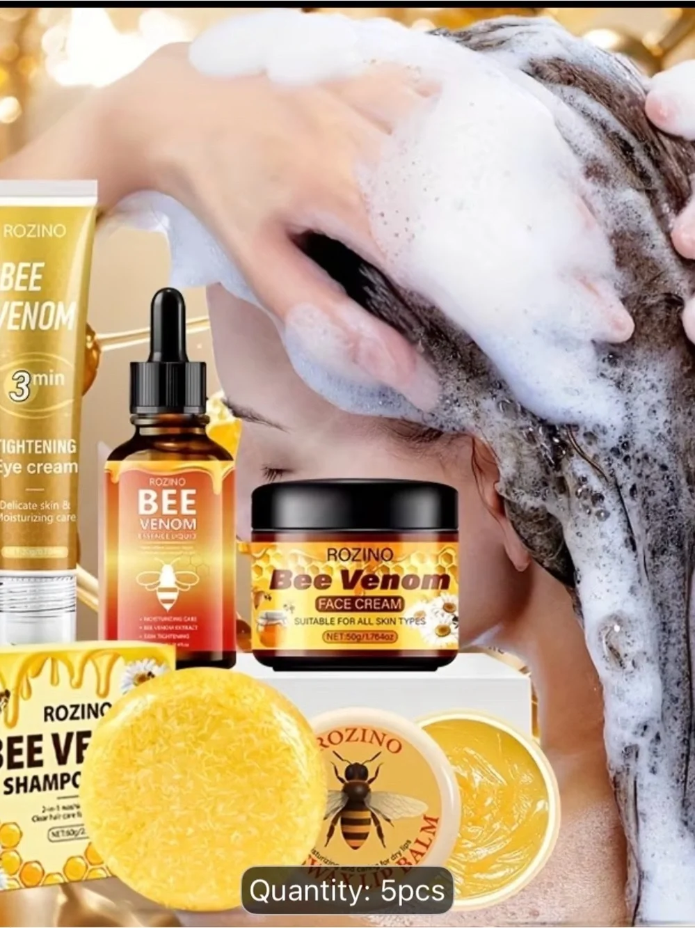 ROZINO Bee Venom Skincare Set Essence, Eye/Face Cream, Lip Balm, Shampoo Soap